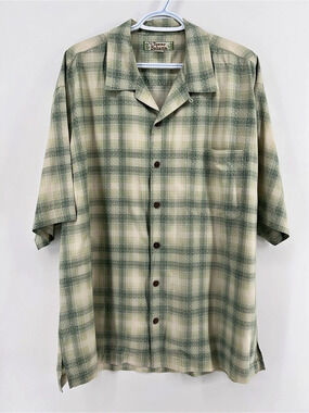 Y2K Tommy Bahama Men's Size Large 100% Silk Green Plaid Shirt